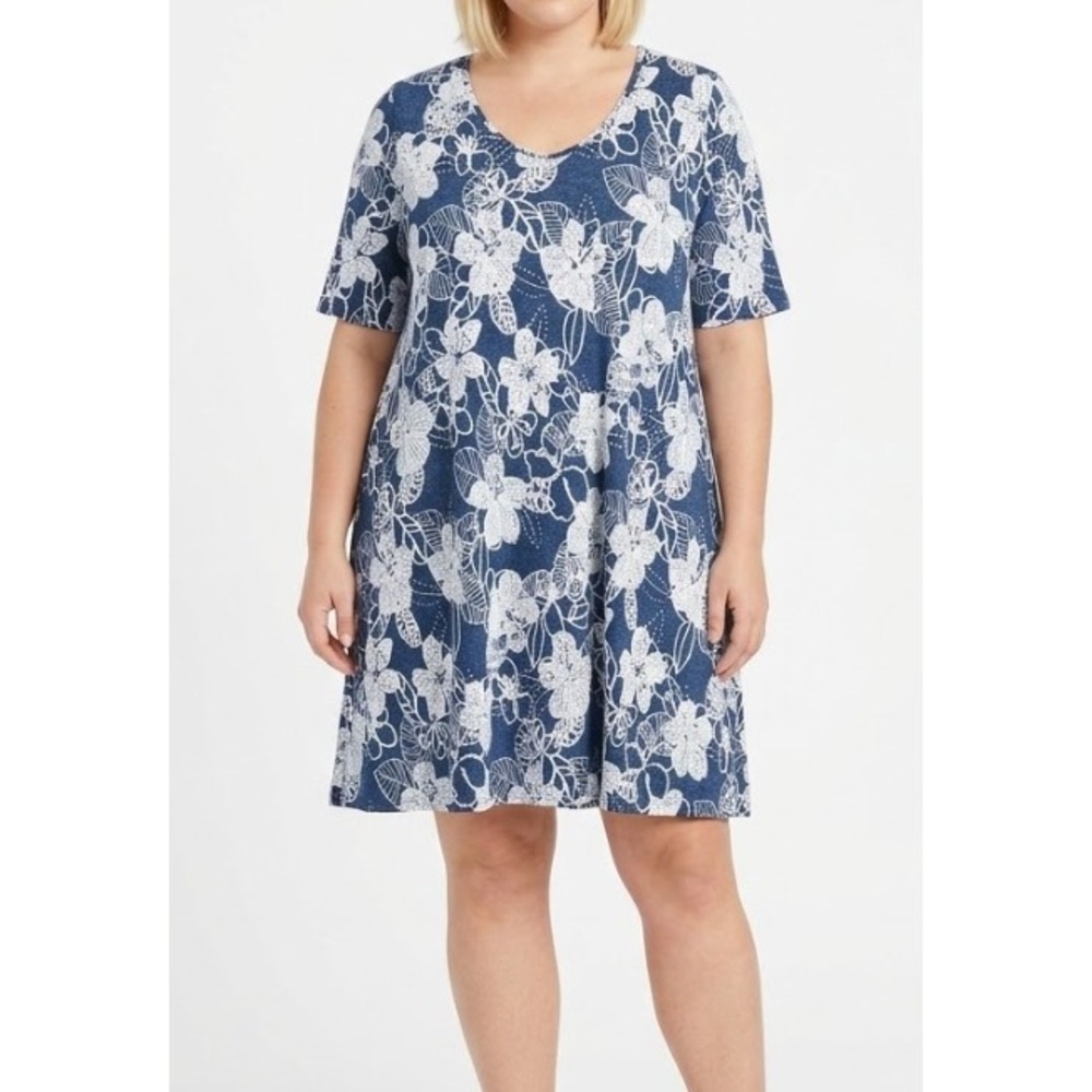 SJS Dress Size 3XL Blue White Floral V-Neck Stretch Casual Flowy Stretch Knit